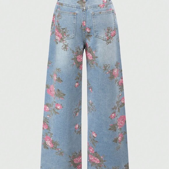 Pink Casual Women's Floral Print Washed Loose Wide-Leg Denim Jeans - Picture 2 of 4